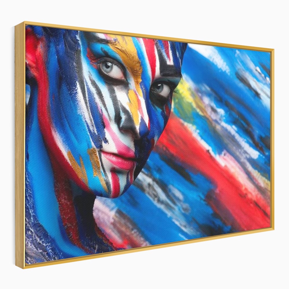 Tablou canvas cu tablou canvas cu fata de femeie pictata, in rama de aluminiu auriu